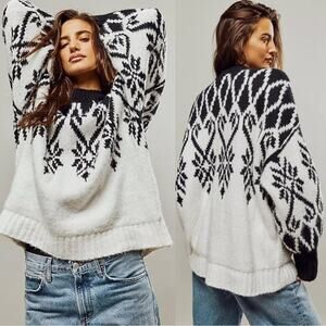 NEW Free People Fireside Ivory Black Oversized Knit Tunic Sweater Mini Dress XS